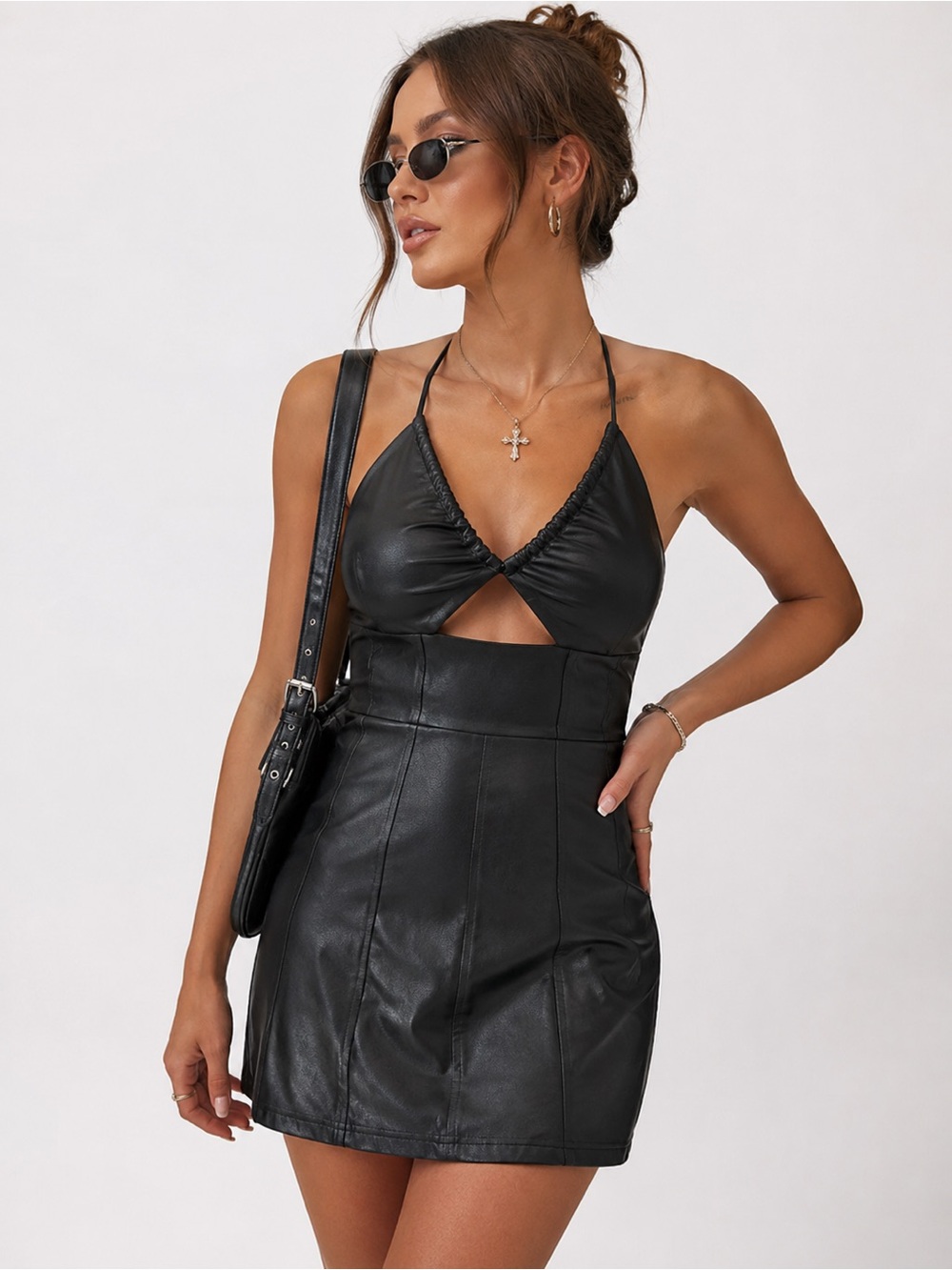 Olivaceous Black Faux Leather Halter Mini Dress Cutout Bodycon Size S Runs Small